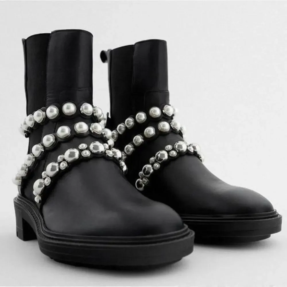 ZARA lug sole FLATFORM LEATHER ANKLE BOOTS WITH FAUX PEARL STRAPS size 39 8 new!